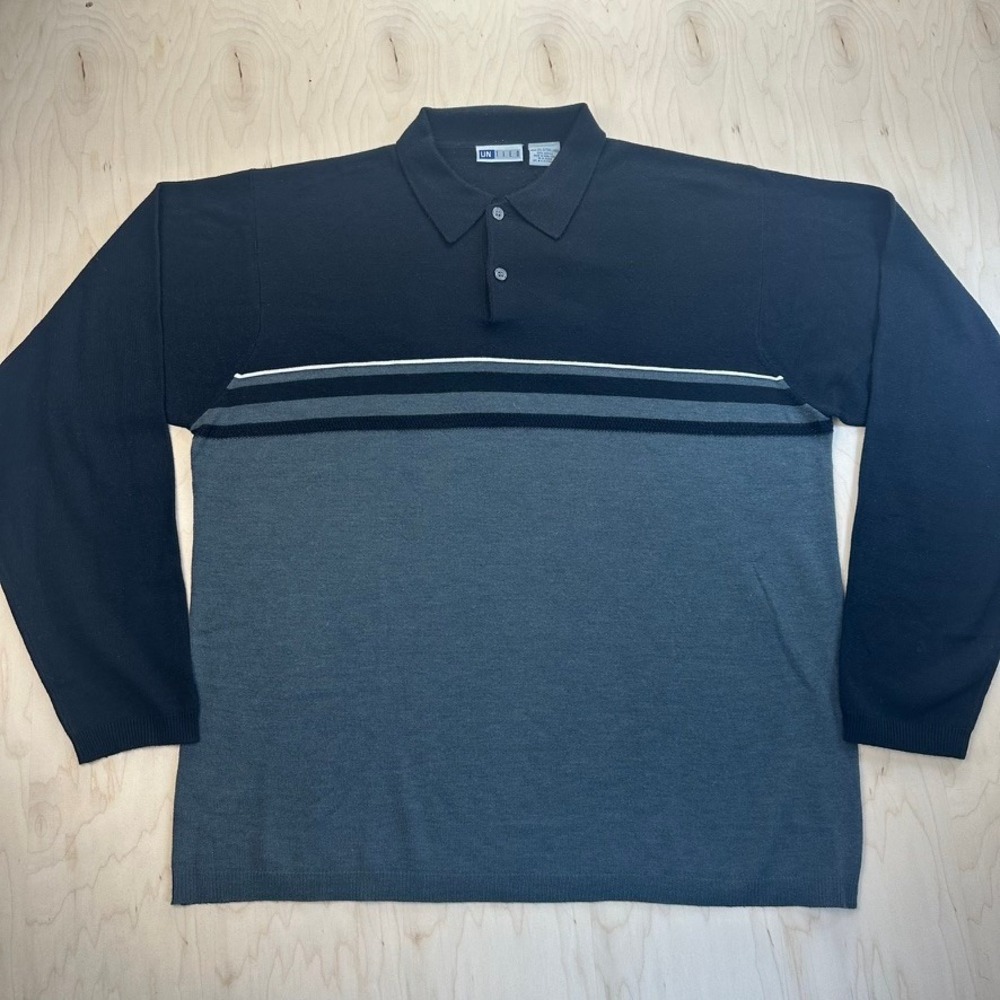 UNTIED Mens 2XL Extra Large Knit Polo Sweater Long Sleeve Black Gray Striped